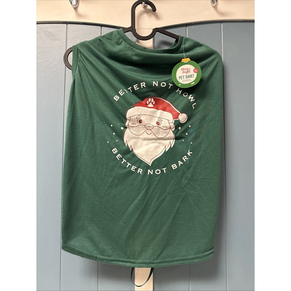 New Merry&Bright Christmas SANTA "Better Not Howl Bark" Dog Felt T-Shirt Size XL